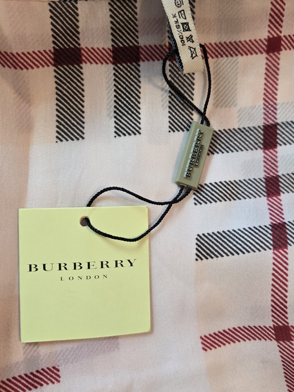 Burberry Pink Plaid Silk-Blend Scarf with Black & Red Accents